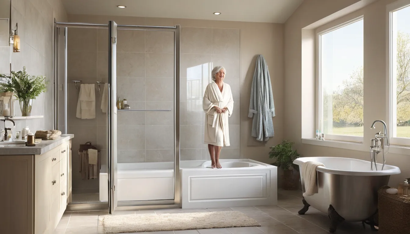 A walk-in tub in a bright Minnetonka bathroom with a low door and grab bar